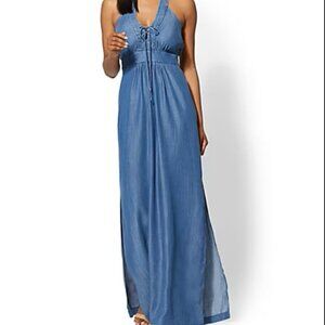 DENIM HALTER MAXI DRESS